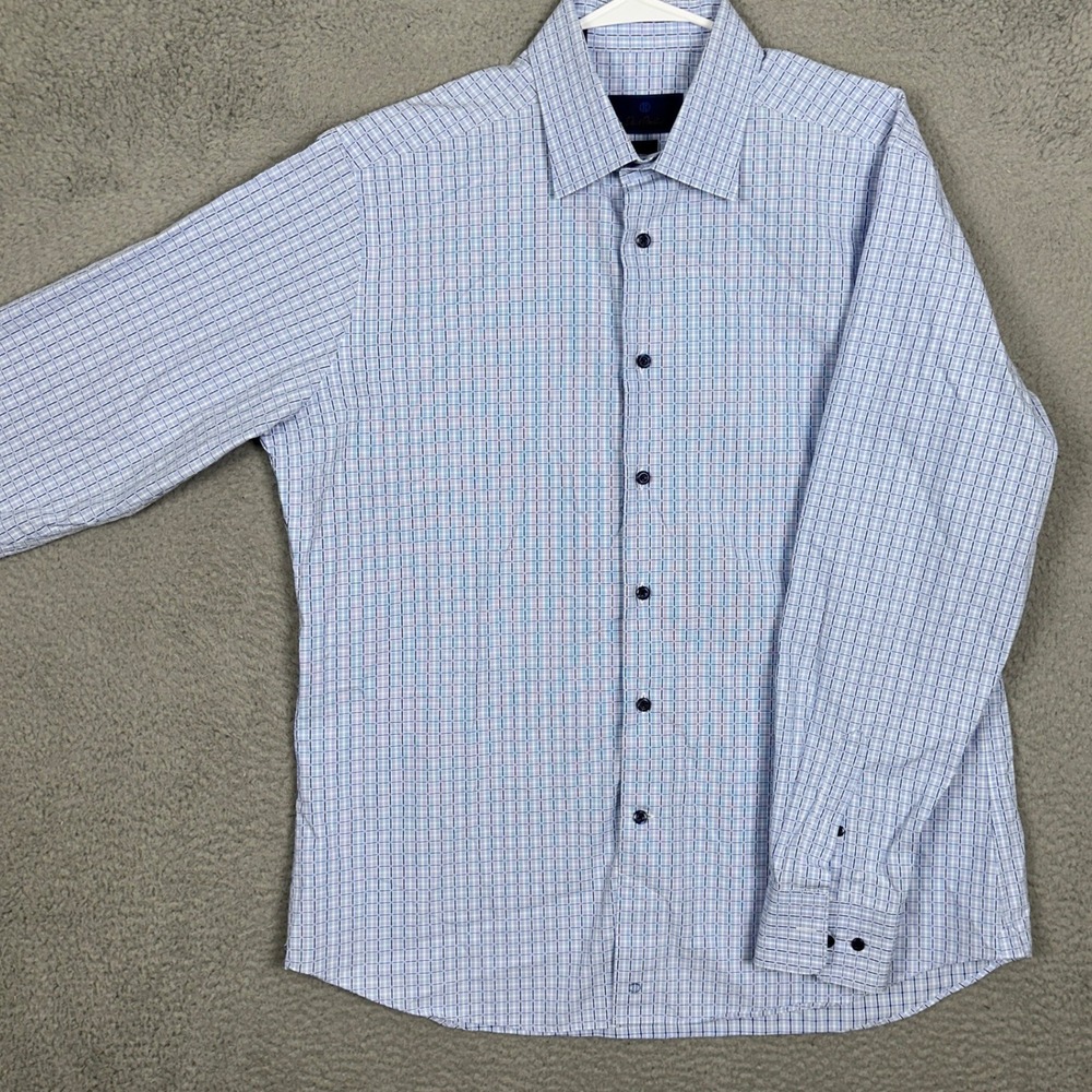 David Donahue Shirt Mens 17.5 34-35 Trim Fit Blue White Plaid Dress Button Up